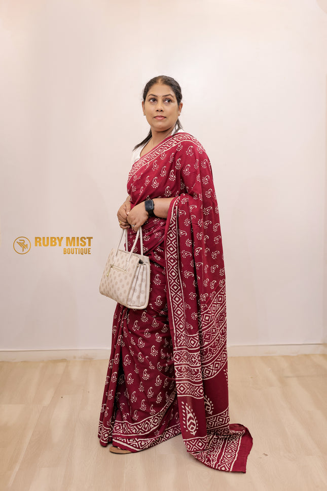 Paisely Block Printed Cotton Saree.