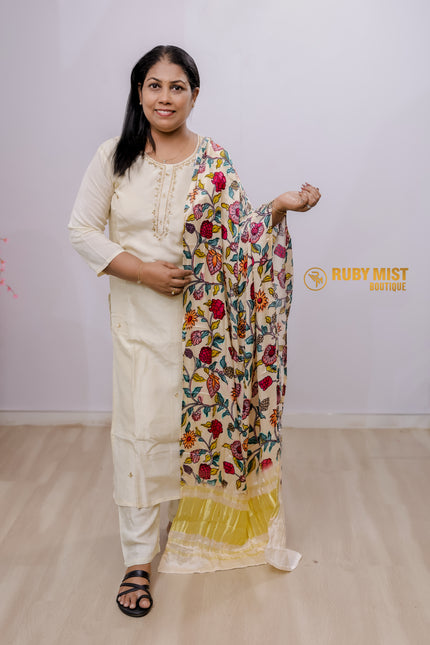 Simple Handworked Chanderi Silk Churidhar Set.