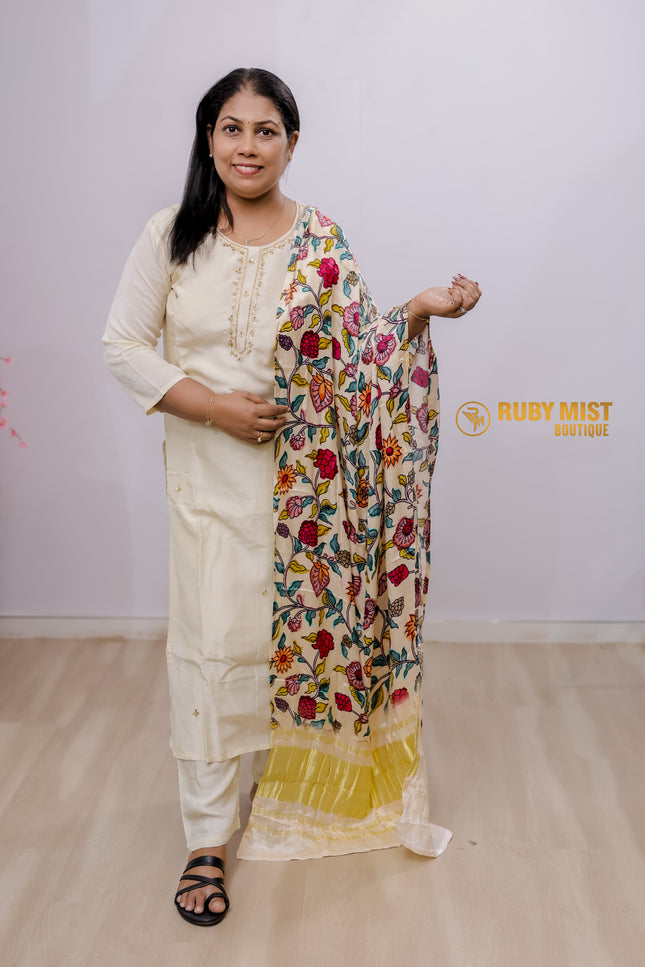Simple Handworked Chanderi Silk Churidhar Set.
