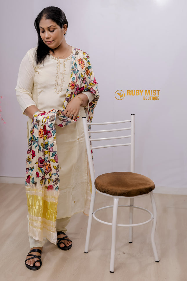 Simple Handworked Chanderi Silk Churidhar Set.