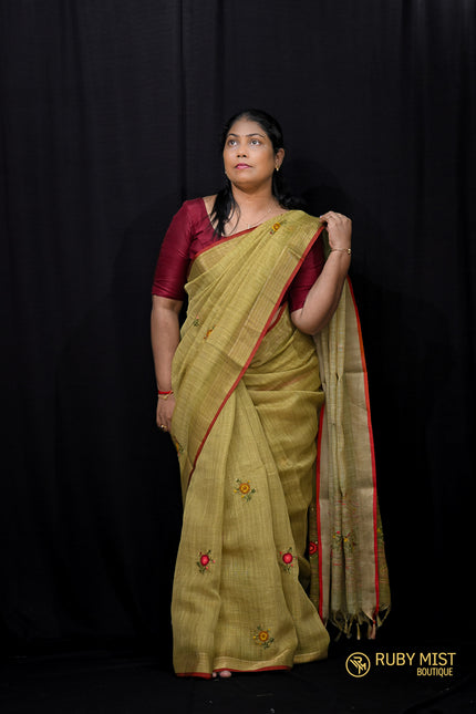 Floral Thread Worked Linen Saree - SR575