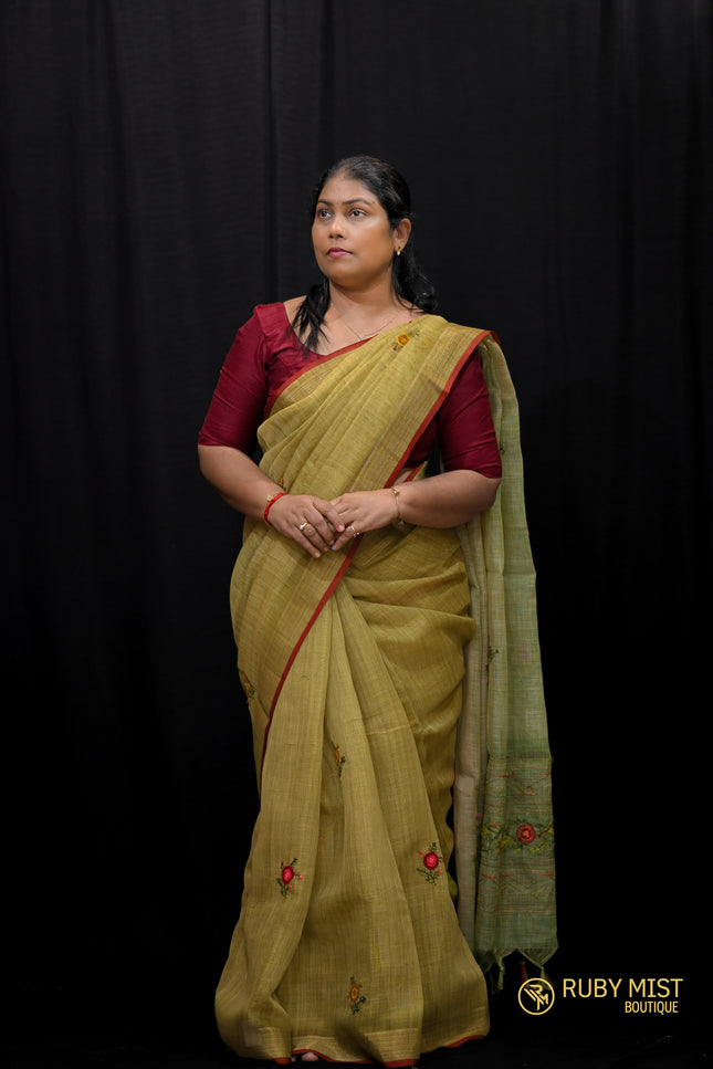 Floral Thread Worked Linen Saree - SR575