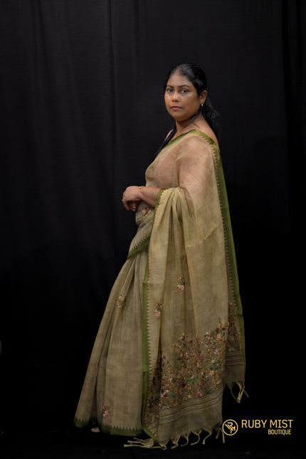 Floral Thread Worked Linen Saree - SR575