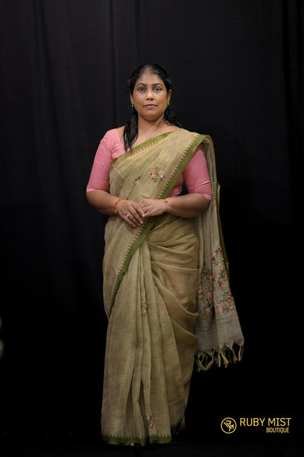 Floral Thread Worked Linen Saree - SR575