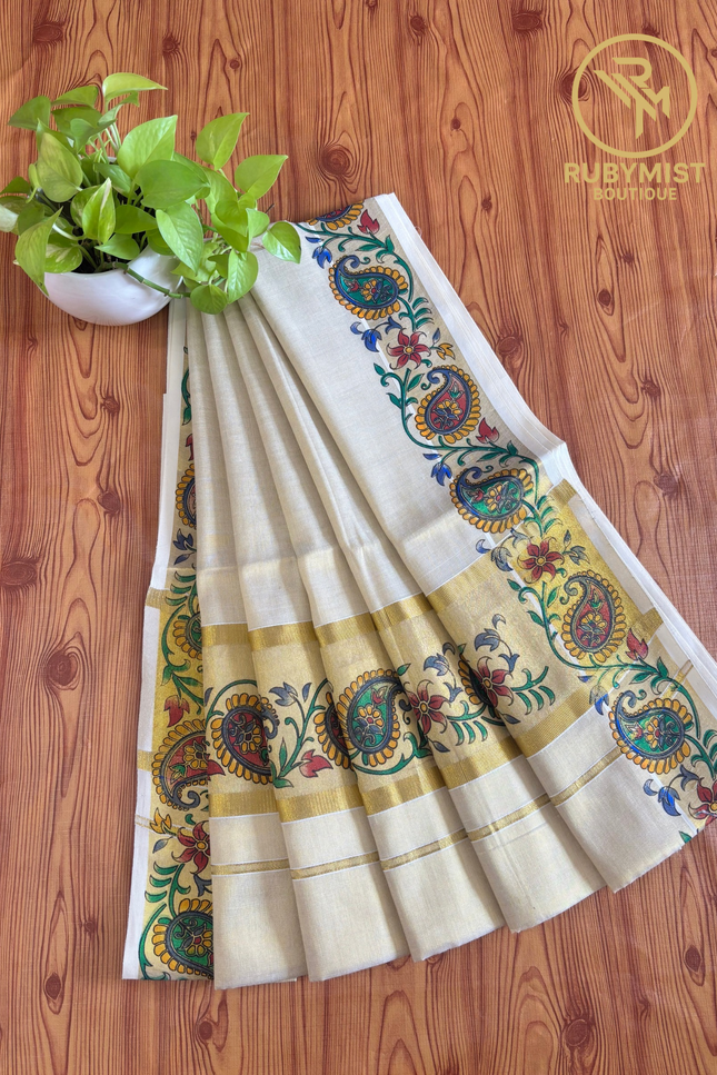 Floral Print Bordered Kerala Saree.