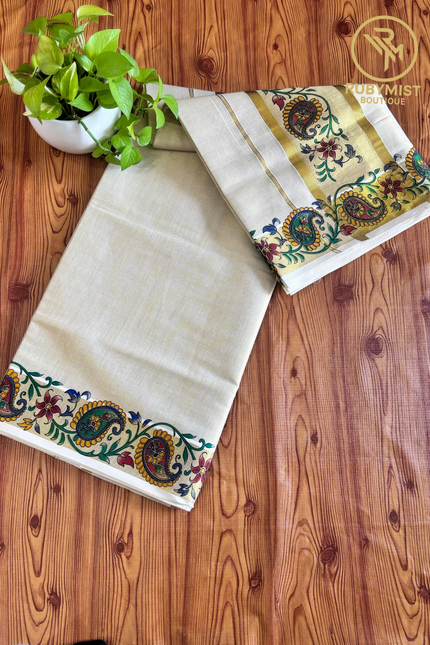 Floral Print Bordered Kerala Saree.