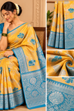 Golden Yellow & Royal Blue Leaf Motif Saree