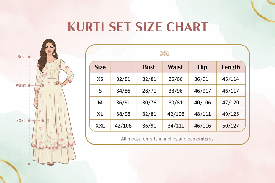 size chart for kurti set dress